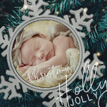 Adorno De Peltre Tipo Copo De Nieve First Christmas Simple Script Custom Baby Photo<br><div class="desc">This simple and classic design is composed of serif typography and add a custom photo and year.</div>