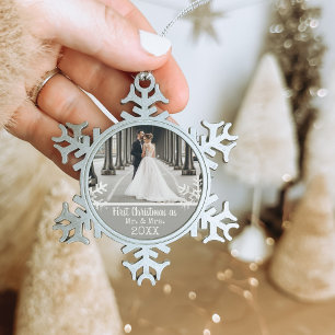 Adorno De Peltre Tipo Copo De Nieve Foto de boda personalizada en plata Primera Navida