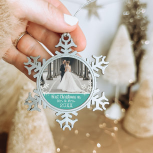 Adorno De Peltre Tipo Copo De Nieve Foto de boda personalizada Navidad azul verdoso pr
