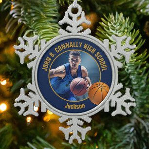 Adorno De Peltre Tipo Copo De Nieve Foto de jugador de baloncesto de oro azul marino
