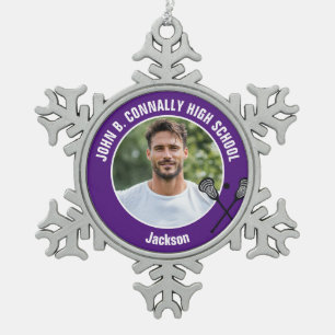 Adorno De Peltre Tipo Copo De Nieve Foto de jugador de lacrosse morado de escuela secu