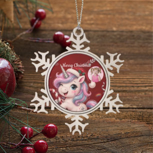 Adorno De Peltre Tipo Copo De Nieve Foto de niña de unicornio de Navidad color carmesí