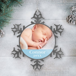 Adorno De Peltre Tipo Copo De Nieve Foto personalizada de bebé niño azul con nombre