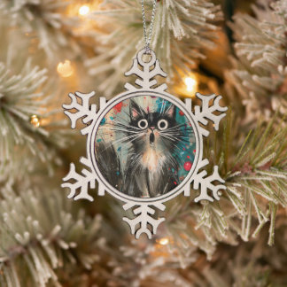 Adorno De Peltre Tipo Copo De Nieve Gato de Navidad Sorprendido Caprichoso