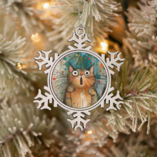 Adorno De Peltre Tipo Copo De Nieve Gato del árbol de Navidad sorprendido naranja capr