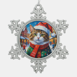 Adorno De Peltre Tipo Copo De Nieve Gato Navideño Festivo con Gorro de Santa