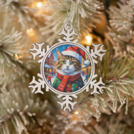 Adorno De Peltre Tipo Copo De Nieve Gato Navideño Festivo con Sombrero de Santa