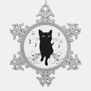Adorno De Peltre Tipo Copo De Nieve Gato negro rodeado de notas susurrantes de música