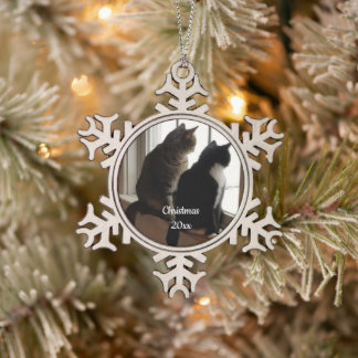 Adorno De Peltre Tipo Copo De Nieve Gato Tabby y Tuxedo Personalizado Esperando a Sant