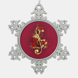 Adorno De Peltre Tipo Copo De Nieve Golden Treble Clef con flores Rosas