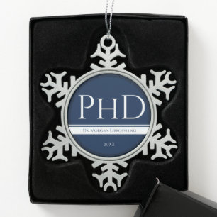 Adorno De Peltre Tipo Copo De Nieve Graduación Nombre blanco azul año PhD
