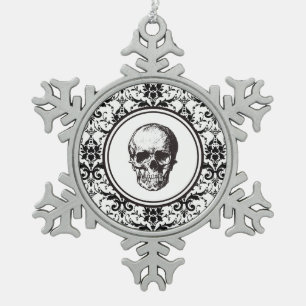 Adorno De Peltre Tipo Copo De Nieve HALLOWEEN NAVIDAD Patrón de Damasco Negro Calavera
