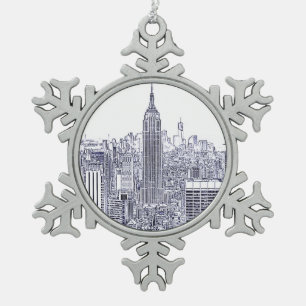 Adorno De Peltre Tipo Copo De Nieve Horizonte de NYC con aspecto grabado, marco redond