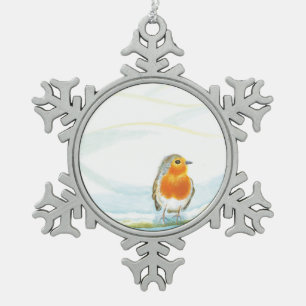 Adorno De Peltre Tipo Copo De Nieve Ilustracion del paisaje invernal blanco con Robin
