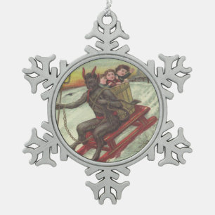 Adorno De Peltre Tipo Copo De Nieve Krampus secuestrando niños en trineo