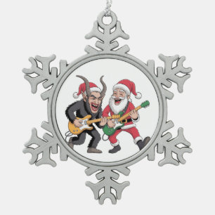 Adorno De Peltre Tipo Copo De Nieve Krampus y Santa tocando guitarra eléctrica Navidad