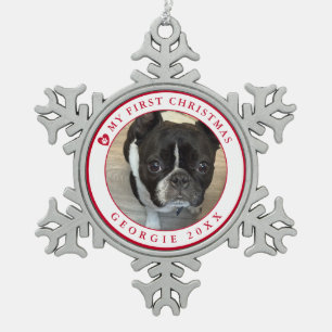 Adorno De Peltre Tipo Copo De Nieve La primera foto navideña del perro