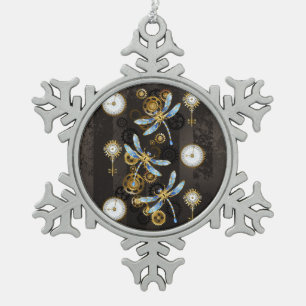 Adorno De Peltre Tipo Copo De Nieve Libélulas Steampunk sobre fondo marrón rayado
