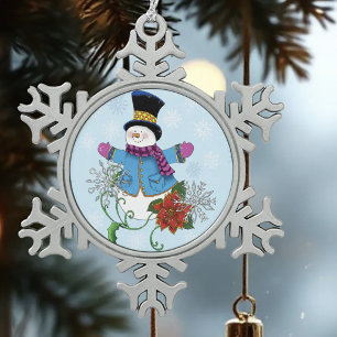 Adorno De Peltre Tipo Copo De Nieve Lindo hombre de nieve azul de invierno Poinsettia