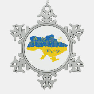 Adorno De Peltre Tipo Copo De Nieve Mapa de Ucrania con girasol y bandera ucraniana