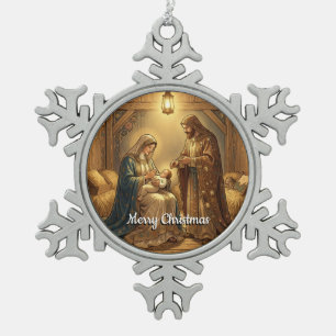 Adorno De Peltre Tipo Copo De Nieve María, José y el Niño Jesús en el Pesebre
