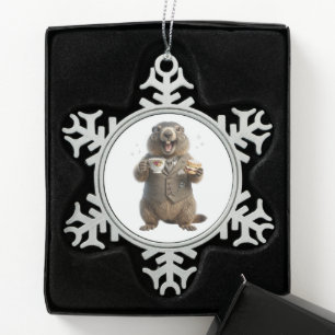 Adorno De Peltre Tipo Copo De Nieve Marmota bebiendo té