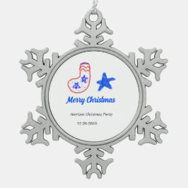 Adorno De Peltre Tipo Copo De Nieve Merry Christmas blue star red stockings name date 
