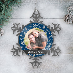 Adorno De Peltre Tipo Copo De Nieve Modern Navy Blue Holiday Foliage Couple Photo