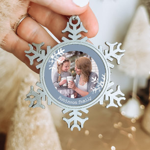 Adorno De Peltre Tipo Copo De Nieve Monograma de Foto Personalizada Copo de Nieve Azul