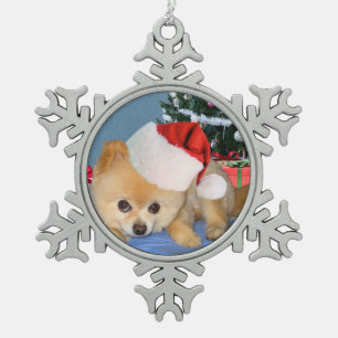 Adorno De Peltre Tipo Copo De Nieve Navidad, perro de Pomeranian, gorra de Santa