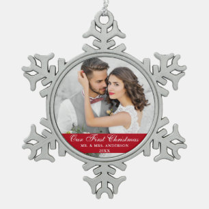 Adorno De Peltre Tipo Copo De Nieve Nuestra primera foto de la pareja de Navidad roja