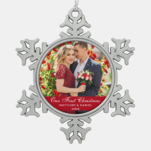 Adorno De Peltre Tipo Copo De Nieve Nuestra primera foto de la pareja de Navidad roja