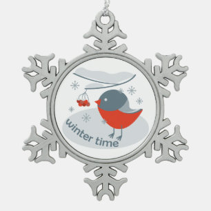 Adorno De Peltre Tipo Copo De Nieve Pájaro bullfinch de invierno y bayas rojas
