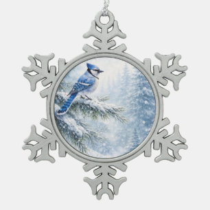 Adorno De Peltre Tipo Copo De Nieve Pájaro vibrante arrendajo azul en agua de bosque i
