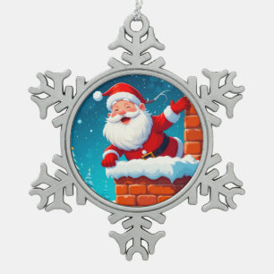 Adorno De Peltre Tipo Copo De Nieve Papá Noel agitando con alegría en la chimenea