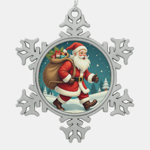 Adorno De Peltre Tipo Copo De Nieve Papá Noel entregando regalos a través del bosque n