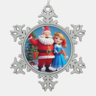 Adorno De Peltre Tipo Copo De Nieve Papá Noel y la Doncella de Nieve celebrando la Nav