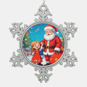 Adorno De Peltre Tipo Copo De Nieve Papá Noel y niña con una bolsa de regalos