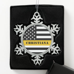 Adorno De Peltre Tipo Copo De Nieve Personalizado 911 Dispatcher USA Flag Thin Gold Li