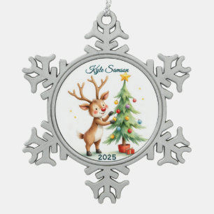 Adorno De Peltre Tipo Copo De Nieve Personalizado De Un Solo Reno Y Árbol De Xmas