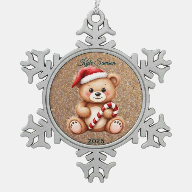 Adorno De Peltre Tipo Copo De Nieve Personalizado Teddy Bear Y Candy Cane (Anverso)