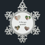 Adorno De Peltre Tipo Copo De Nieve Personalized Grandchildren Photo Collage<br><div class="desc">Cute photo collage ornament featuring 4 heart frames perfect for showcasing grandchildren, kids, or family memories. Trendy modern keepsake for grandma, grandmother, nana, grandparents, or grammy. Personalized with editable text and customizable names on back. Perfect Christmas gift, family tree decoration, or holiday memento. Beautiful way to display grandkids, children, or...</div>