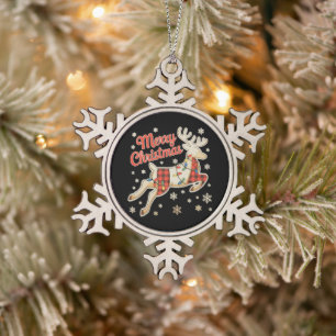 Adorno De Peltre Tipo Copo De Nieve Pijama Rojo de Cuadros Reno Búfalo Feliz Navidad