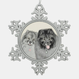 Adorno De Peltre Tipo Copo De Nieve Pintura de madre y hijo Keeshond - Arte de perro o