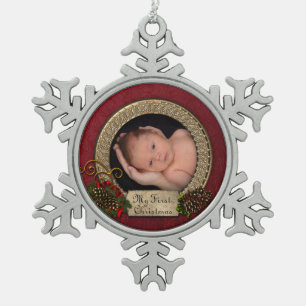 Adorno De Peltre Tipo Copo De Nieve Primer ornamento de la foto del navidad del bebé