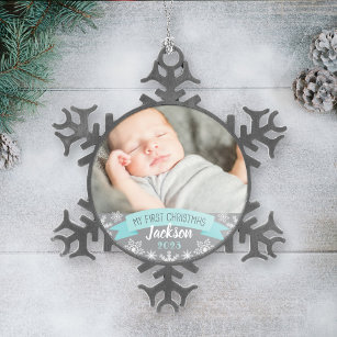 Adorno De Peltre Tipo Copo De Nieve Primera foto del niño bebé azul de Aqua Navidad