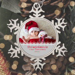 Adorno De Peltre Tipo Copo De Nieve Primera Navidad del Bebé Foto Personalizada Gris R