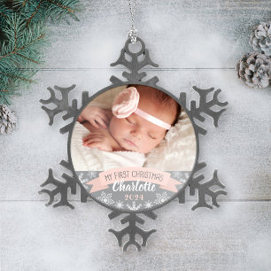 Adorno De Peltre Tipo Copo De Nieve Primera Navidad Rosa Tinte Bebé Niña Foto