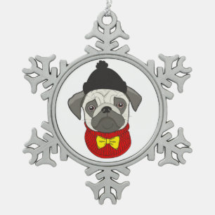 Adorno De Peltre Tipo Copo De Nieve Pug - perro lindo en Navidades