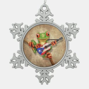 Adorno De Peltre Tipo Copo De Nieve Rana arbórea que toca la guitarra de la bandera de